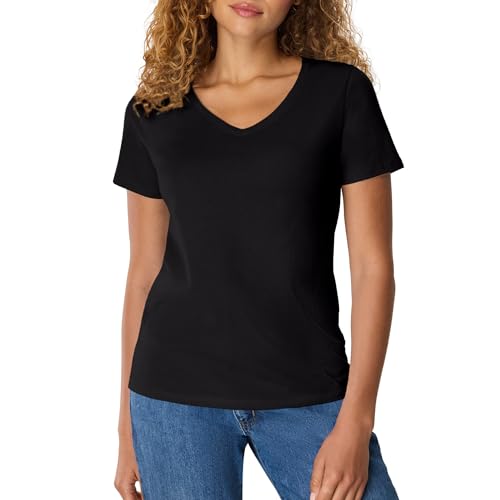 Hanes Womens Perfect-t V-neck T-shirt, Ringspun Cotton Short Sleeve Tee For 1 Or 2 Pack Fashion-t-shirts, Black - 1 Pack, X-Large US
