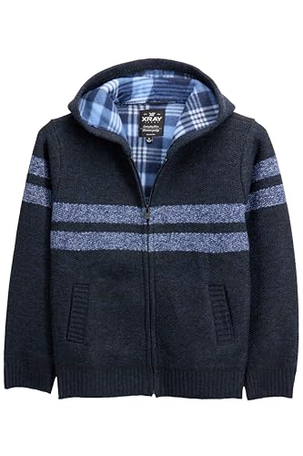 X RAY Boys (6-12) Full Zip Fleece Blue Flannel Lining Sweater with Hood, Kids Knit Sweater for Spring, Fall and Winter L -Navy/Dark Blue Marbled-L