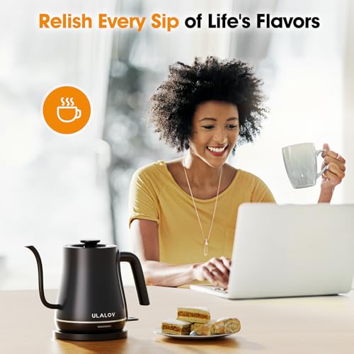 Ulalov Electric Kettle 1L Gooseneck Water Kettle Quick Heating for Pour Over Coffee & Tea, Stainless Steel Hot Water Boiler with Auto Shut-Off, Boil Dry Protection, Matte Black,1200W
