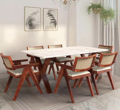 Image of Epoxy Marble Top Finish Six-Seater Dining Table with Cane Cushioned Chair with Honey Finish | Custimization Available| Made on Order