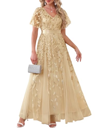 Gold Dress Champagne Mother of Bride Formal Wedding Guest Long Bridesmaid Prom Evening Gown Gala...