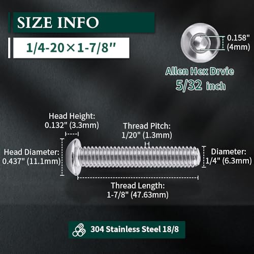 Image of 1 /4-20 x 1-7 /8 inch Button Head Socket Cap Bolts Screws, 304 Stainless Steel 18-8, Allen Hex Drive, Bright Finish, Fully Machine Thread, Pack of 25