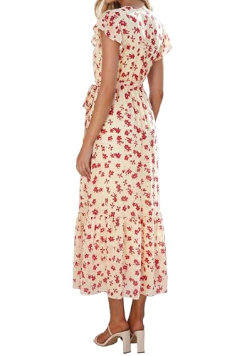 Image of PRETTYGARDEN Women's Summer Floral Boho Maxi Dress Short Sleeve Wrap V Neck Ruffle Long Flowy Beach Wedding Guest Dresses