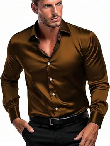 Image of BABIRUSA Men's Satin Full Long Sleeve with Solid Button Down Regular Fit Collared Neck and Standard Length Shirt (Satin-FS-$Parent)