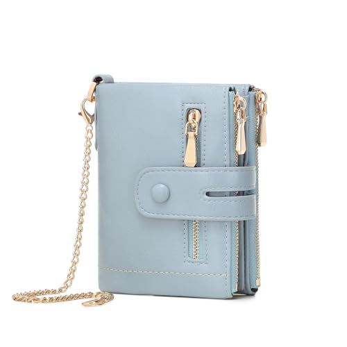 Image of AOXONEL Wallets for Women Small Rfid Bifold Leather Ladies Wallet,Travel Billfolds Medium Size Card Holder with Removable Wristlet Chain,Multi-Card Slots,ID Window,Double Zipper Coin Pocket (Blue)