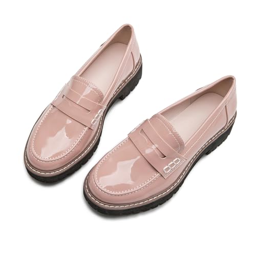 Image of Womens Loafers Comfortable Platform Penny Loafer Chunky Heel Business Casual Dress Shoes Fashion Patent Leather Women's Loafers & Slip-ons