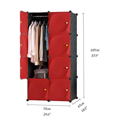 Armario portátil rojo ZAW con organizador de almacenamiento de ropa y barra colgante para ropa 3