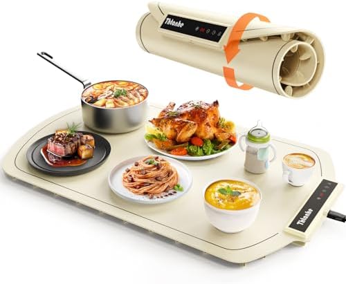 Electric Warming Tray,Portable Food Warming,Rollable & Portable,4 Temperature Settings,Premium Silicone Material,Auto Shut-Off -Versatile Food Warmer for Gatherings,Parties (Beige)