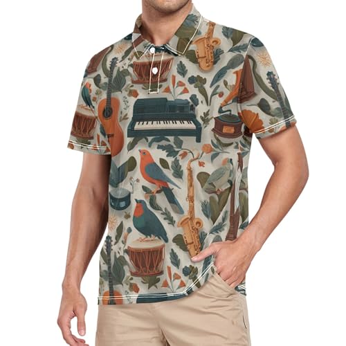CUPADA Mens Short Sleeve Polo Shirts Musical Instruments Birds Leaves Two-Button Golf Polo Shirts Lightweight Casual Athletic Collared T-Shirt, M
