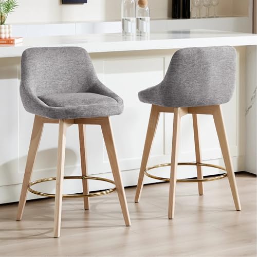 Image of Zesthouse Swivel Counter Height Stools Set of 2, 26 inch Wooden Barstools with Back & Solid Wood Legs, Modern Upholstered Bar Stools for Kitchen Island, Grey Linen Fabric Counter Height Chairs