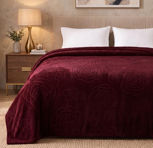 Image of VAS COLLECTIONS 280 GSM Micromink Blanket, Premium Soft Warm Cozy Blanket, Plush Double Bed Blanket, Ultra Soft Comfortable Bedding, Embossed Floral Design, 82 x 86 Inches (208 x 218 cm) - Wine Red