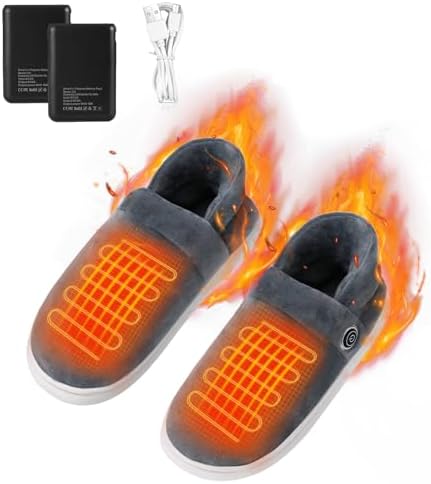 Heated Slippers for Women Men Electric Heating Slippers with 5000mAh Battery Unisex Heating Foot Warmer Shoes Heated Shoes with Anti-Skid Rubber Sole for Cold Winter, Gray - L