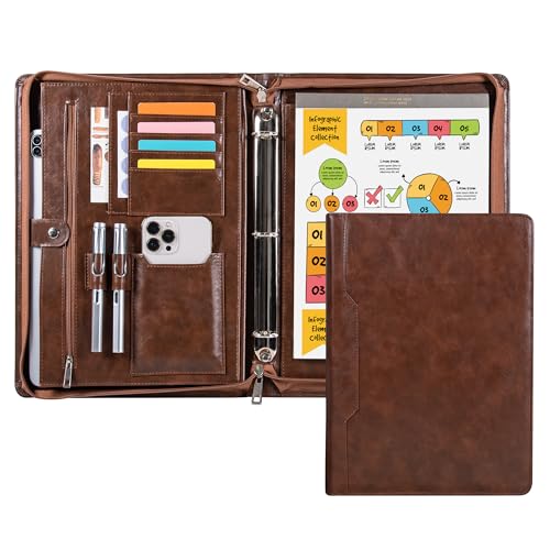 Professional 3-Ring Portfolio Organizer A4 Padfolio with Zipper, Premium PU Leather Business Planner Folder for Resume, Interview, Office, and Travel – Dark Brown