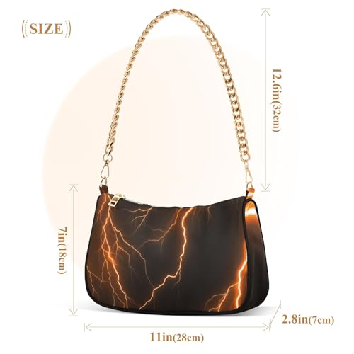Zipper One Shoulder Purses Glowing Orange Lightning Bolts Dark Medium Handbag Tote Trendy Womens Retro Formal Purse Hobo with Chain Strap3