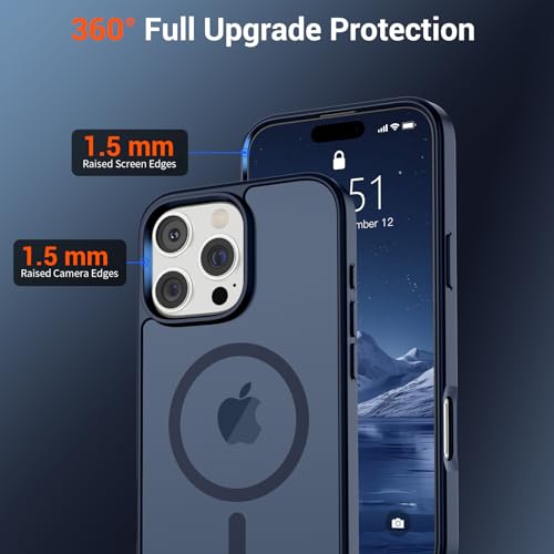 Image of SUPFINE Magnetic for iPhone 16 Pro Case with Screen Protector (Compatible with MagSafe) (Military Grade Drop Protection) Translucent Matte Shockproof Phone Cover,Dark Blue