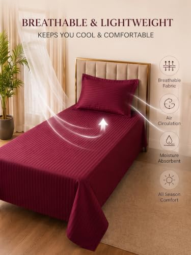 Image of Mafatlal 210 TC Italian Stripe Single Bedsheet Set with Pillow Cover (60 x 90 Inches) | 100% Cotton | Hotel Collection | Soft Breathable Flat Bed Sheet | Grey N Maroon