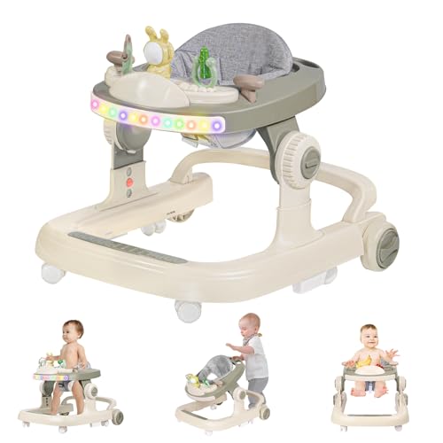 Image of Baby Walker, Foldable Baby Walker with Wheels, Baby Walkers for Kids with LED Light, 3 Adjustable Height Infant Toddler Walker, Baby Bouncer Activity Center for Baby Boys and Girls 6-12 Months, green