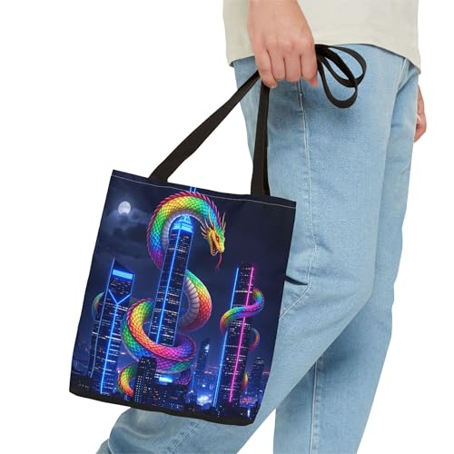 Premium Tote Bag with Reinforced Stitching - A Rainbow Serpent Climbing Neon Skyscrapers3