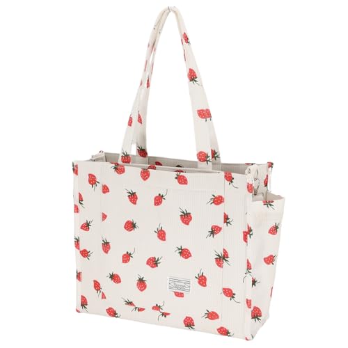 Image of UERRUAM Tote Bag for Women with Compartments,Large Corduroy Tote for Work Travel College Book Bag Hard Bottom Crossbody Bag,Strawberry