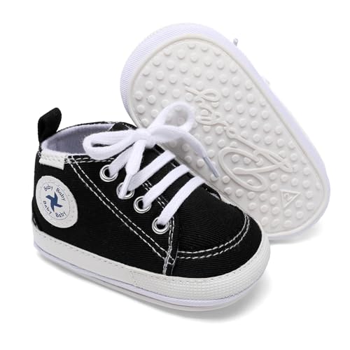 Image of Baby Girls Boys Shoes Soft Anti-Slip Sole Newborn First Walkers High Top Canvas Denim Unisex Infant Sneaker
