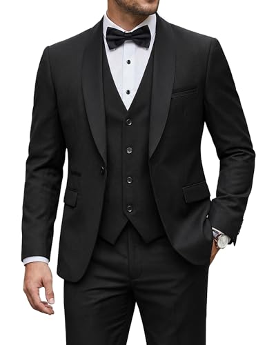 YND Men's 3 Piece Tuxedo Set with Bow Tie, Slim Fit One Button Shawl Lapel Suit Blazer Vest Pants,...