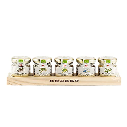 Honig Bio Geschenkset | Kastanienhonig - Akazienhonig - Orangenhonig - Wildblütenhonig - Lindenhonig | Minigläser auf Holztablett | 5x35g Cover