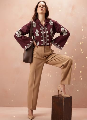 Image of Bee M Pee Designer Women's Embroidered Korean Crop Shirt | Full Bell Sleeves Western Tops for Woman Stylish | Oversized Formal /Casual /Office Wear Cotton Shirts Top for Women