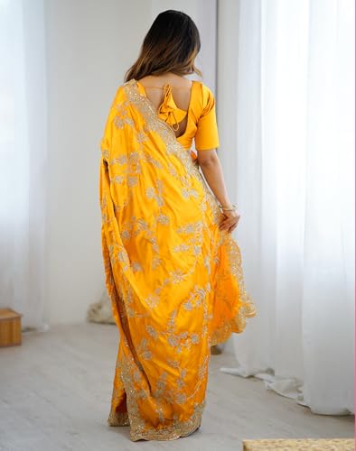 Image of Satrani Women's Satin Embroidery & Sequin Work Saree with Unstitched Blouse Piece