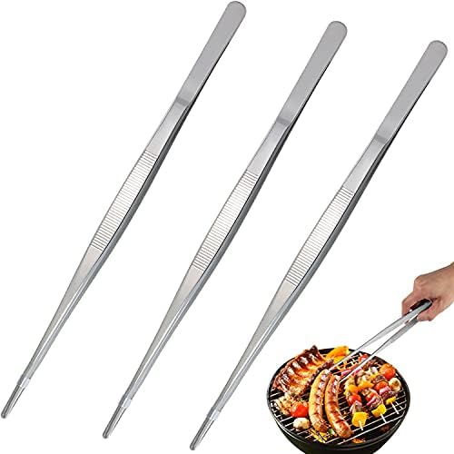 Set of 3 12-Inch Tweezer Tongs,Kitchen Cooking Tweezers,Stainless Steel Food Tongs with Precision Serrated Tips for Medical Beauty Repairing Pet Feeding Bar BBQ Clip (Silver)