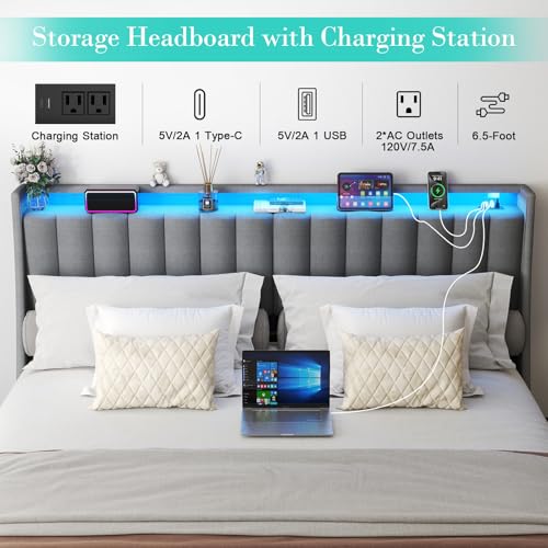 Image of King Size Upholstered Bed Frame with 4 Storage Drawers and LED Lights | Metal Platform Bed with Storage Headboard and Charging Station, No Box Spring Needed, Easy Assembly, Noise-Free, Gray