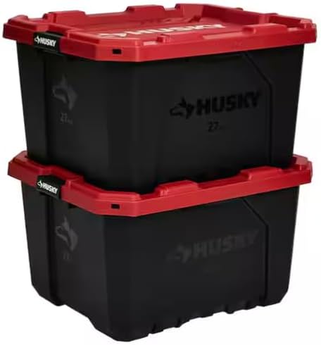 *Husky* 27 Gallon Pro Grip Storage Tote, Heavy Duty Container with Red Lid and Black Base, Stackable Utility Box