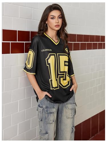 Image of SOLY HUX Jersey Shirts for Women Number Graphic Print V Neck Baggy Tees Hip Hop Streetwear