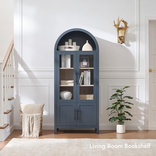 Image of 71 inch Tall Arched Display Cabinet, 5-Tier Bookshelf Modern Farmhouse Arched Bookcase with Glass Doors and Shelves, Wooden Pantry Storage Cabinet for Living Room, Office and Kitchen, Blue