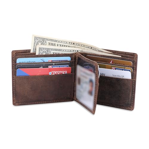Top Grain Bifold Leather Wallet for Men RFID Blocking Front Pocket Design, 9 Card Slots, 1 ID Window, Cash Pocket, Stylish Vintage Look Durable & Compact Gift for Him (Brown)3