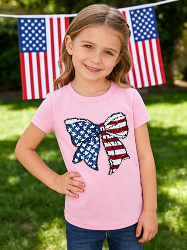 Image of Mrocioa American Heart Flag Girls 4th of July Shirt USA Patriotic Kids Sequin T-Shirt for 2-7 Years