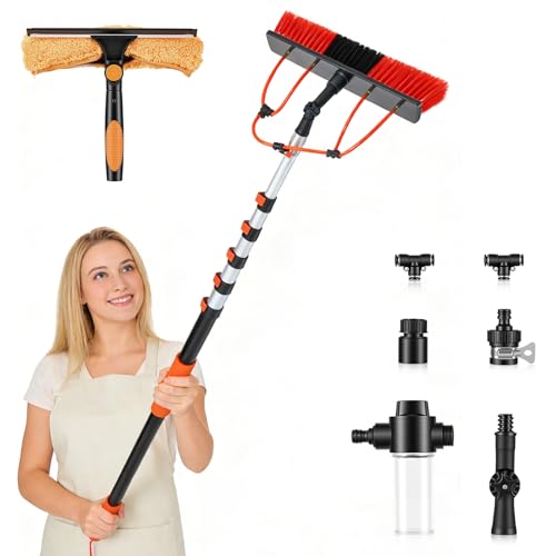 Image of 7.2m Telescopic Water-Fed Cleaning Brush Kit,with 50cm Brush Head & Glass Scraper, 4 Outlets & Soap Dispenser, 12m Hose,Extendable Window Cleaning Pole for Solar Panels Roofs Cars Trucks