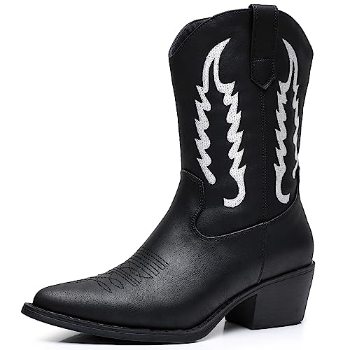 Image of GLOBALWIN Women's Square Toe Cowgirl Boots Classic Mid-Calf Cowboy Boots With Embroidered Stitching Low Heel Comfortable Western Boots For Country Outfits