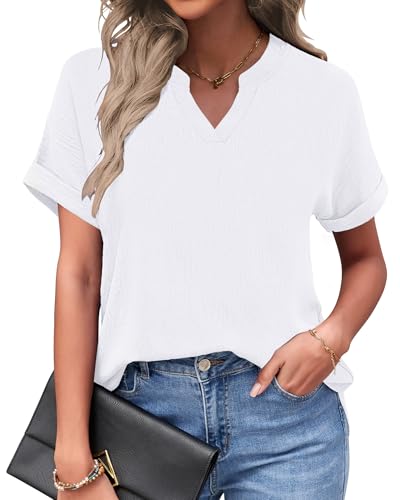 PYGFEMR Womens Summer Tops Short Sleeve V Neck Casual T-Shirts 2025 Business Dressy Ladies Trendy Shirt White M