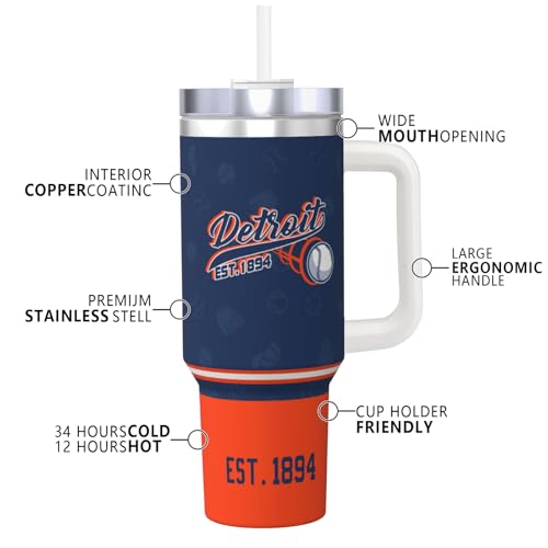 Image of Detroit 30 oz Tumbler with Handle and Straw,Car cup,100% Leakproof Insulated Tumbler with Lid and Straw,Made of Stainless Steel,Cup Holder Friendly Base,Classic Collection Gifts for Fans