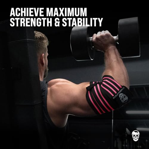 Gymreapers Weightlifting Elbow Wraps (1 Pair) - Flexible 40'' Elbow Compression Strap & Joint Support Brace - For Bench Press, Powerlifting, and Pressing (Pink)
