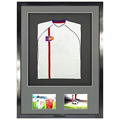 Vivarti Expositor de camisetas deportivas con doble apertura montada en 3D para bebés, 21.25 x 29 pulgadas, negro brillante, marco plateado