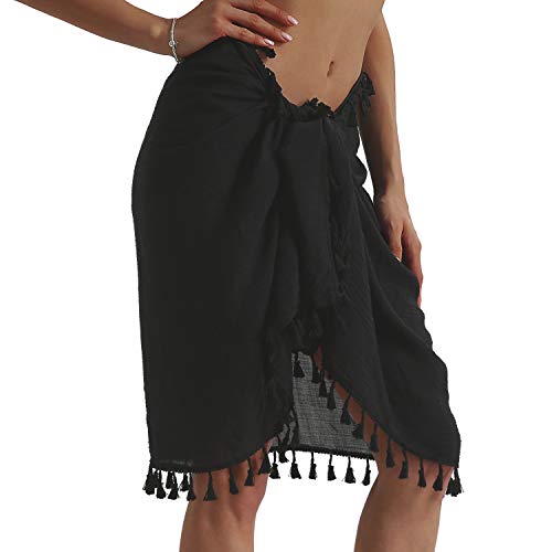 Image of Eicolorte Beach Sarong Pareo Womens Semi-Sheer Swimwear Cover Ups Short Skirt with Tassels