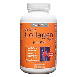 TruPure Bioactive Collagen Type II +MSM, Effective Joint Care Formula, 2,400 mg of Collagen Type II per daily serving, 180 Capsules, 30 days supply. Helps to reduce joint pain due to Osteoarthritis, and promote the healing of joint cartilage injuries.