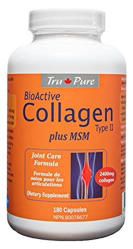 TruPure Bioactive Collagen Type II +MSM, Effective Joint Care Formula, 2,400 mg of Collagen Type II per daily serving, 180 Capsules, 30 days supply. Helps to reduce joint pain due to Osteoarthritis, and promote the healing of joint cartilage injuries.