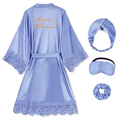 Image of EPLAZA Bride Robe for Wedding Day Set Bridal Robe Lace Trim Silky Embroidery Satin Kimono for Bridal Party