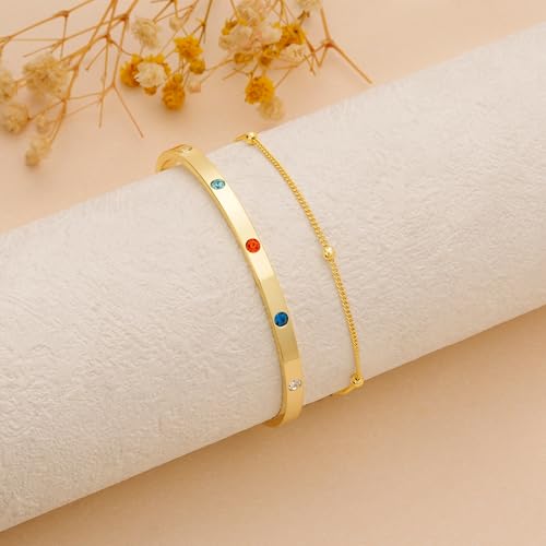 Bracelet for Women - Dainty Stack Bracelets Trendy Adjustable 14K Gold Plated Thin Paperclip Bead Box Satellite Figaro Cuban Link Chain Bracelet Set for Women Waterproof Jewelry Gift