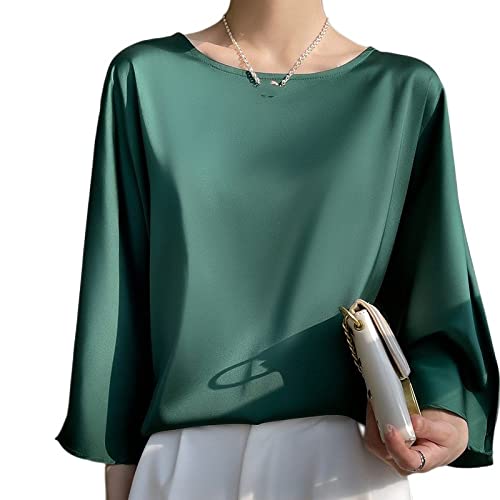 Bluse E Camicie da Donna, Camicetta da Donna in Raso di Seta Estate Elegante Tinta Unita Girocollo Pullover Camicie Top Moda Ampia Manica A 3/4 Tunica Top Casual Formale Festa Camicette da Lavoro T-