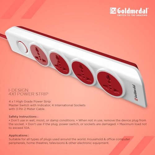 Goldmedal I-Design 4X1 Power Strip With 4 International Sockets,Master Switch,Indicator And 2-Meter Power Cable –White,Pack Of 1,Made With Fire-Retardant Material,Suitable For All Type Plugs,240Volts (Image - 3)