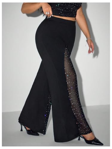 Women's Plus Size Rhinestone Glitter Flare Pants Sheer Mesh High Waisted Bell Bottoms Trousers2