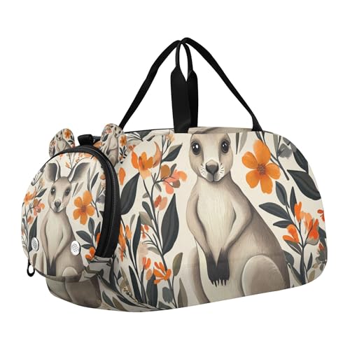 Glaphy Kangaroo and Flowers Duffle Bag for Toddler Boys Girls, Gym Sports Bag with Shoe Compartments, Kids Travel Overnight Weekender Shoulder Bag